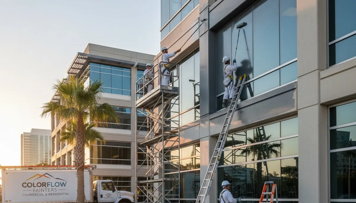 Professional commercial painters in Reading MA applying fresh exterior paint to local business building