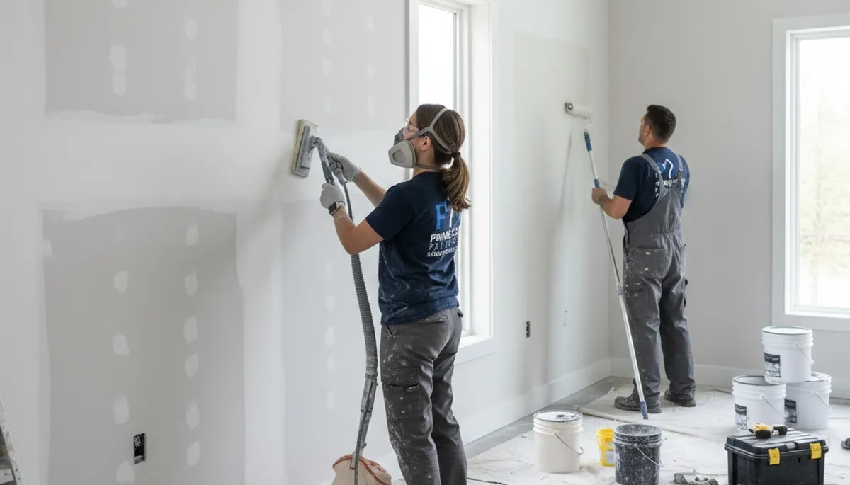 Painter repairing drywall cracks in Reading, MA home for seamless wall restoration