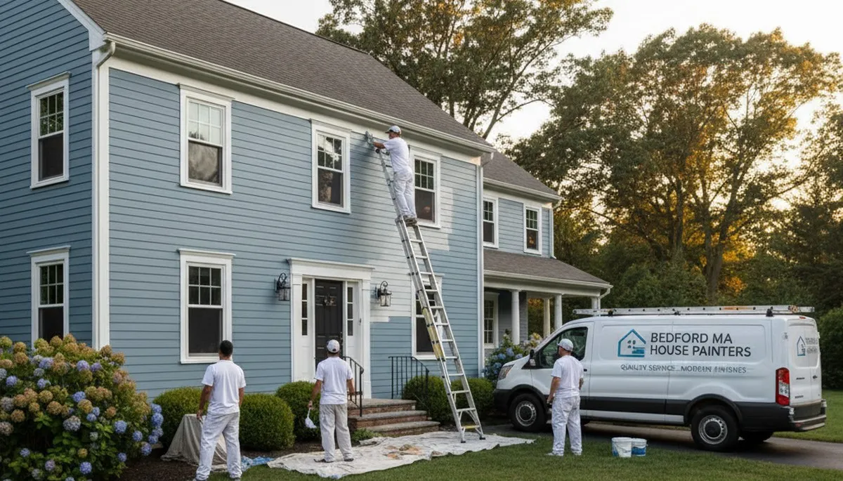 Professional house painters working on residential exterior in Reading, MA