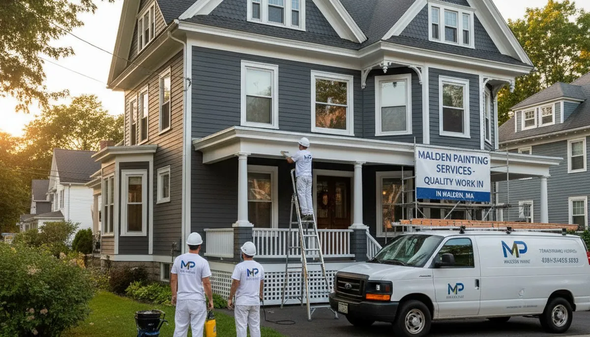 Professional house painters finishing exterior home project in Reading MA