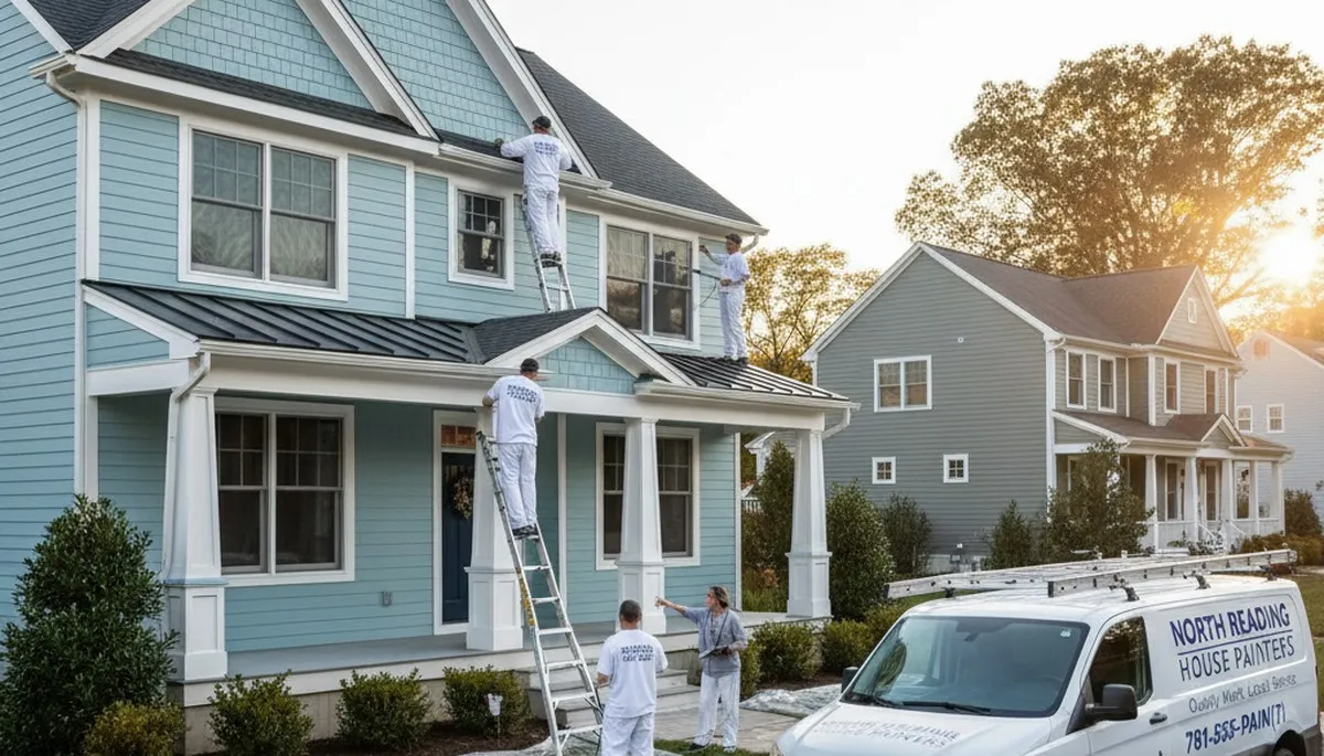 Professional house painters working on residential exterior in Reading, MA