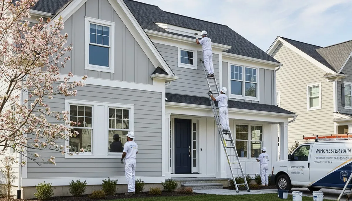 Professional house painters working on residential exterior in Reading MA