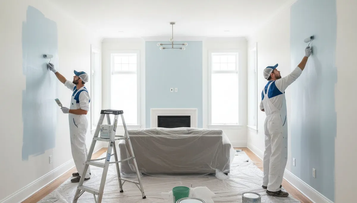 Professional interior house painters working in Reading, MA living room with fresh wall colors